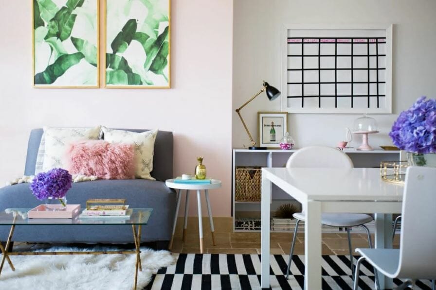 Small condo interior design with blush accents