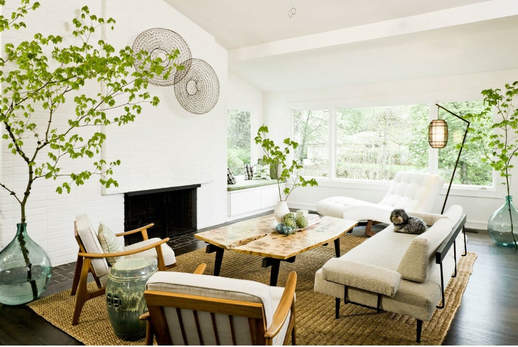 White living room in a mid-century interior design style