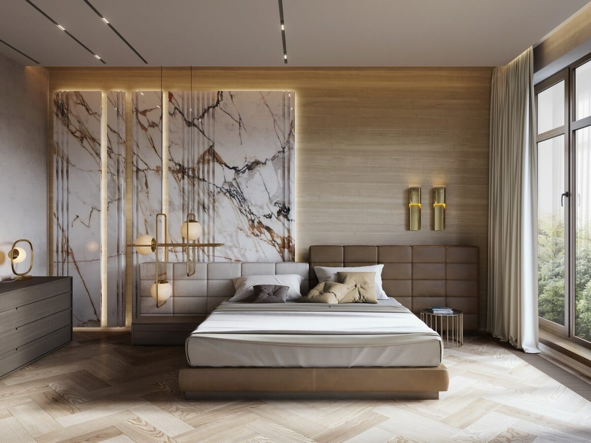 High end bedroom interior design featuring wood marble and leather