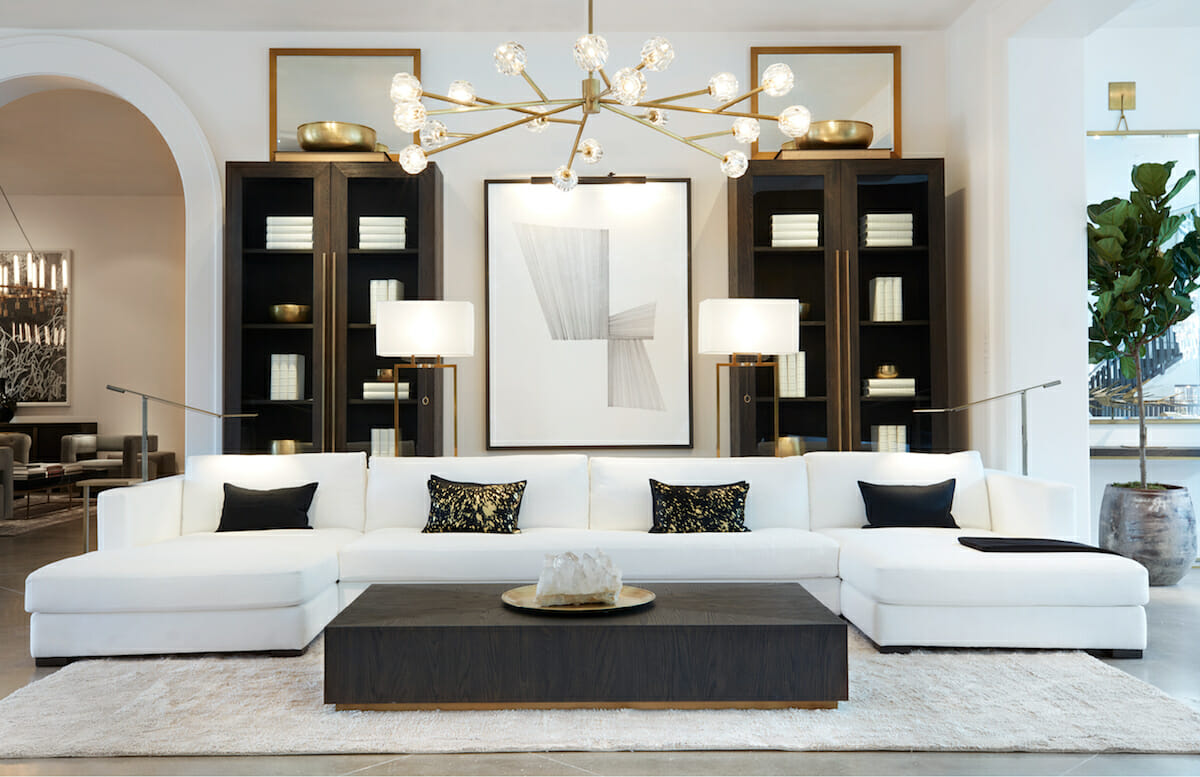 Luxury living room interior design with gold chandelier