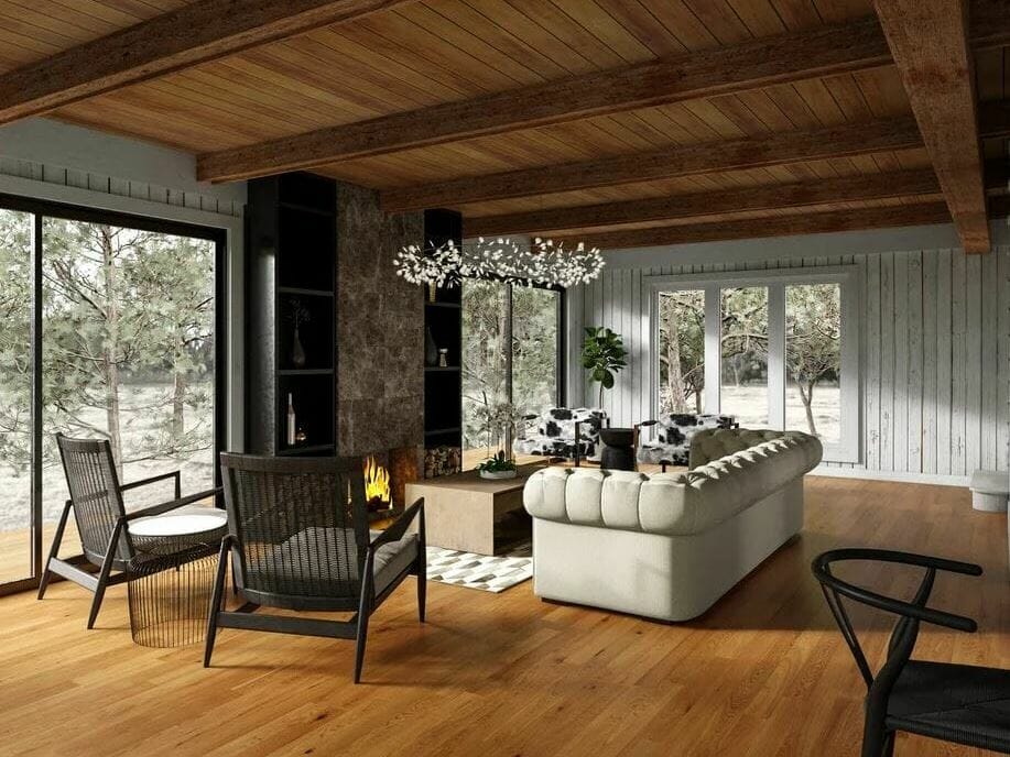 Modern cabin interior living rooom with contemporary lighting by Tiara M