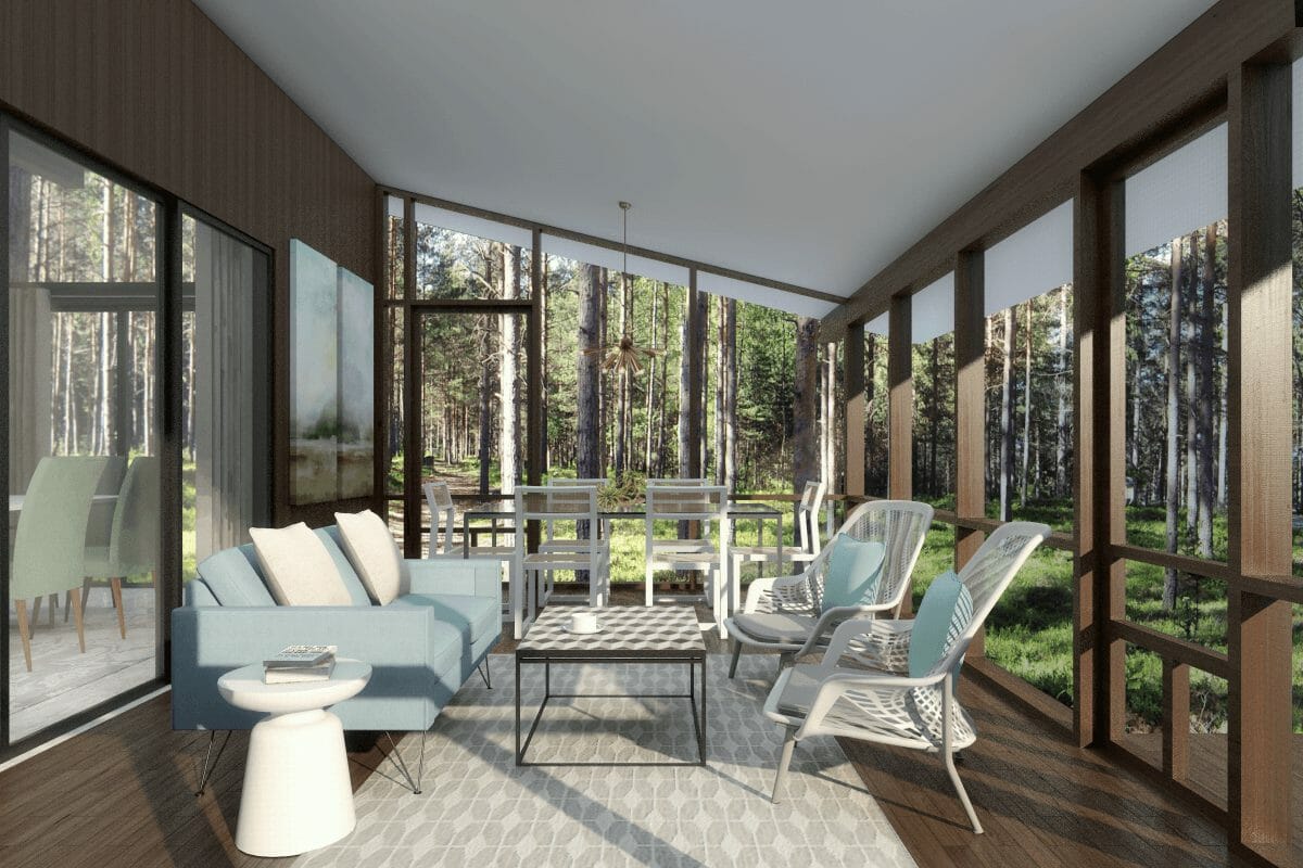 Modern cabin interior with glass walls and updated furniture