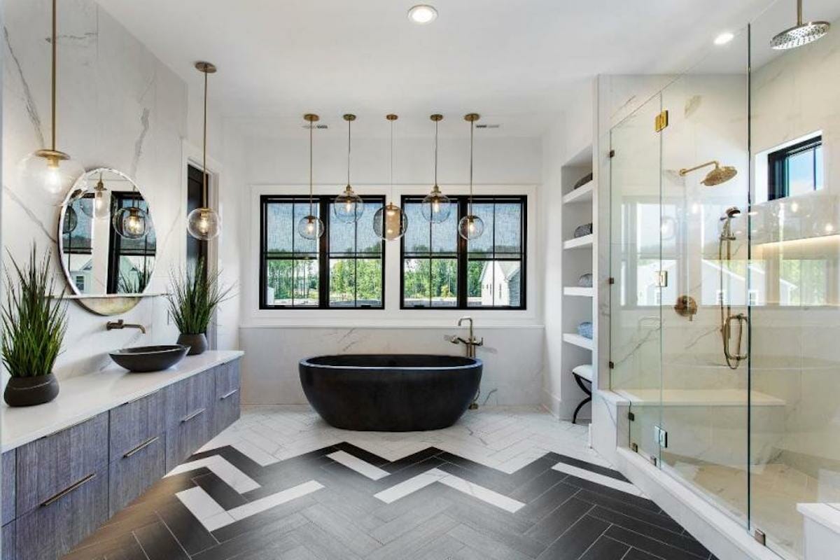 Two toned herringbone bathroom floor tile ideas