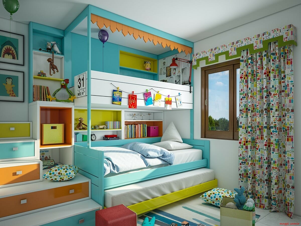 Colorful kids room interior design with loft bed