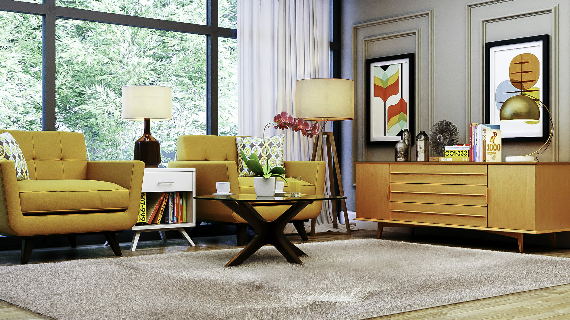 Colorful mid-century modern living area by top New Jersey interior designer Aldrin Cruz