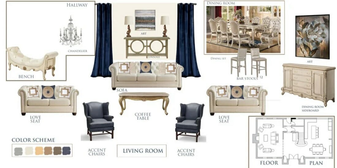 Combined traditional dining room and living room makeover mood board