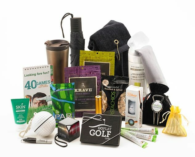 Golf essentials gift bag part of a gift certificate idea by Goplaygolf