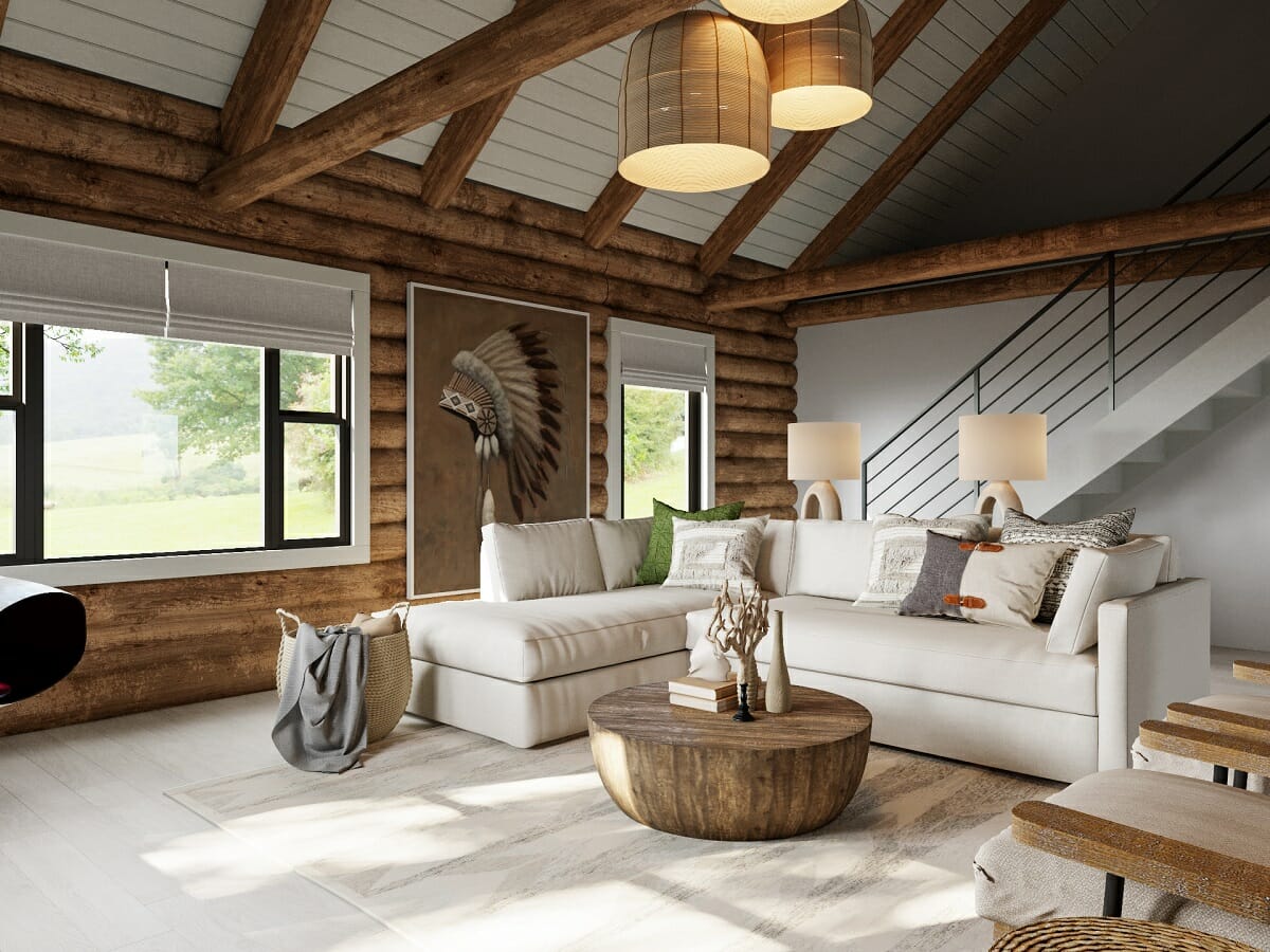 Modern cabin interior with white furniture