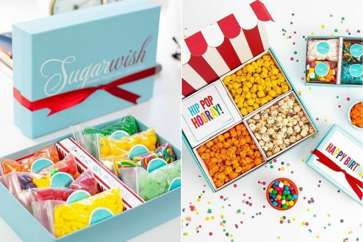 Sweets and popcorn neatly packed by Sugarwish - sweet gift card ideas
