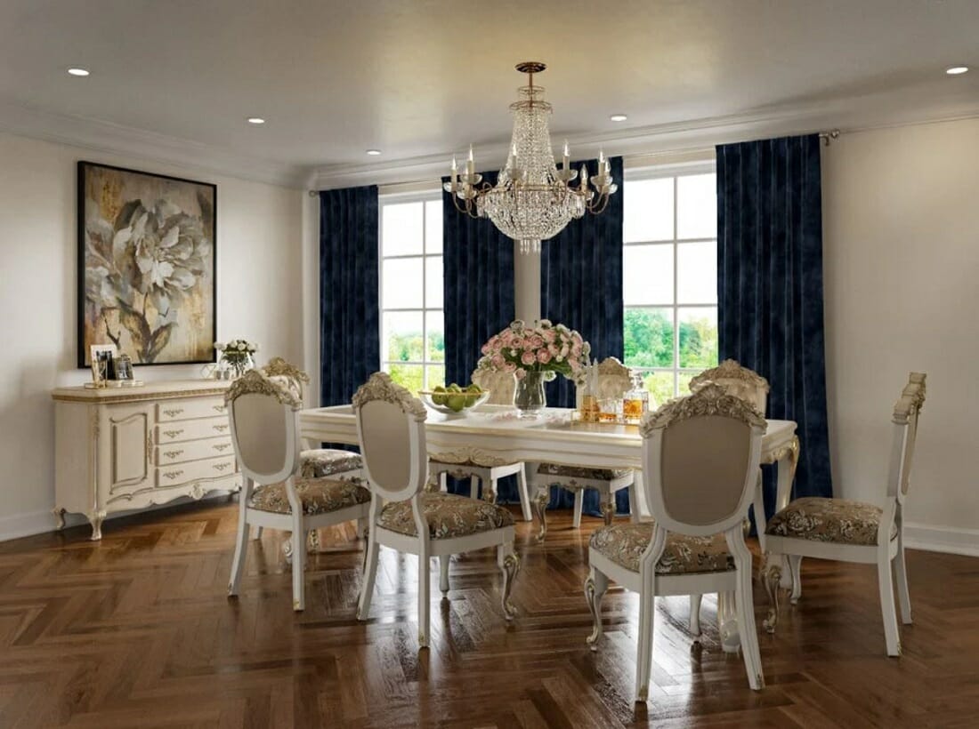 Traditional dining room with ornate chairs, buffet and dining table and blue velvet curtains
