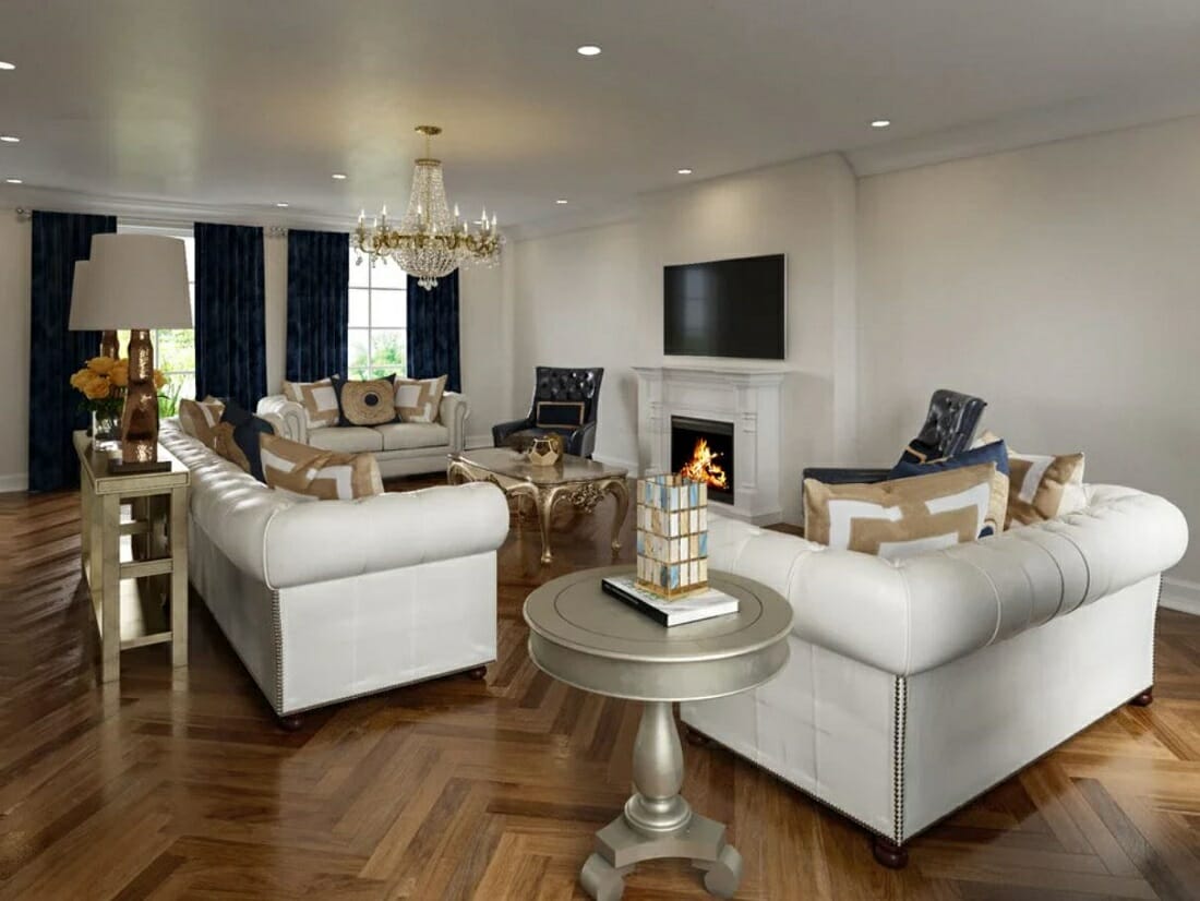Traditional home style luxurious living room with white Chesterfield sofas and blue and beige accents