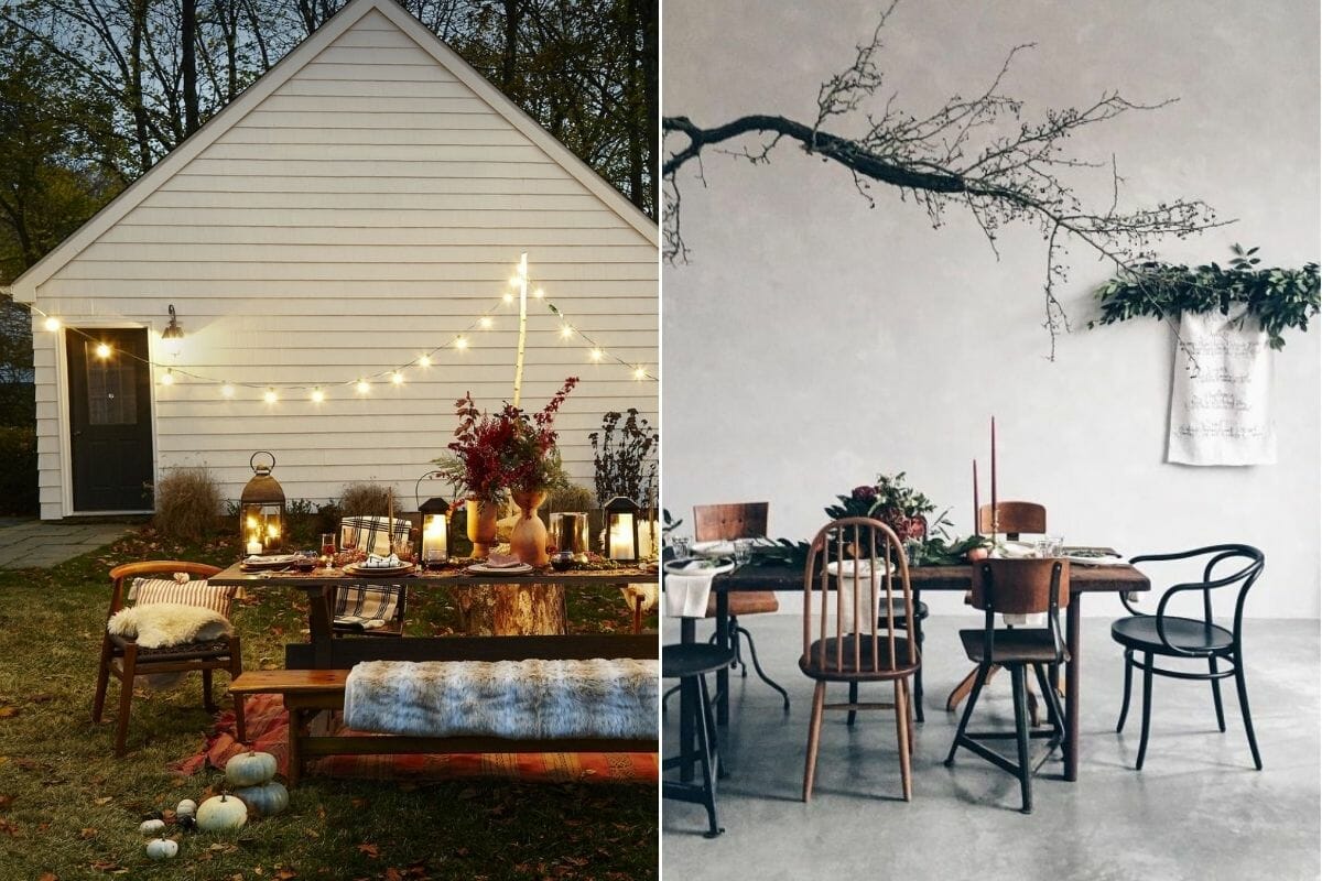 A Thanksgiving table setting indoors and outdoors as options to decorate for Thanksgiving