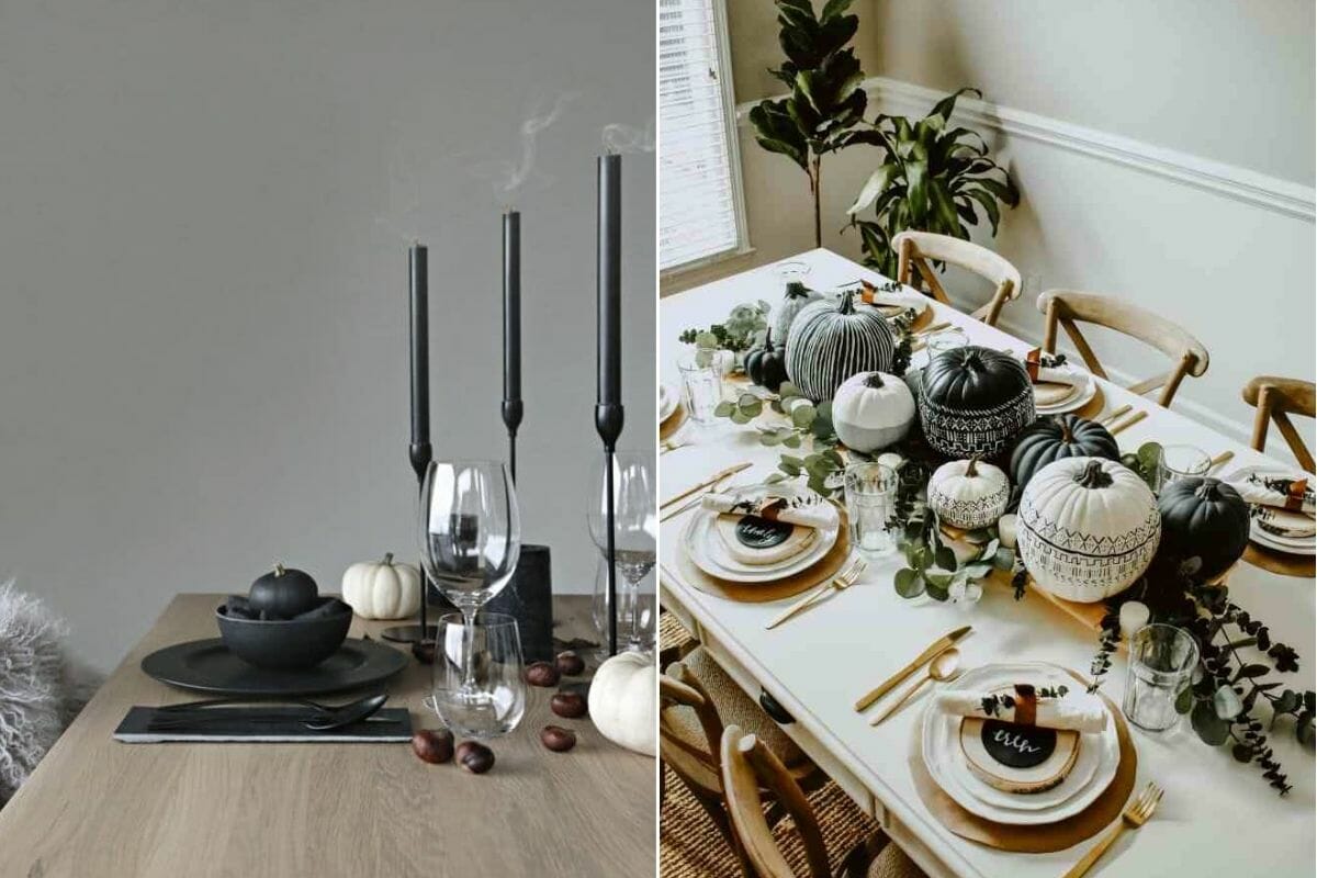 Black and white pumpkins for a Thanksgiving table setting