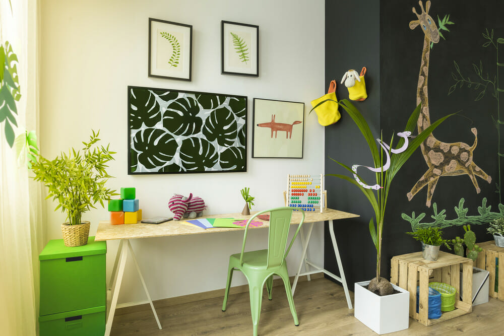 Chalkboard wall and greenery as Homeschool room ideas