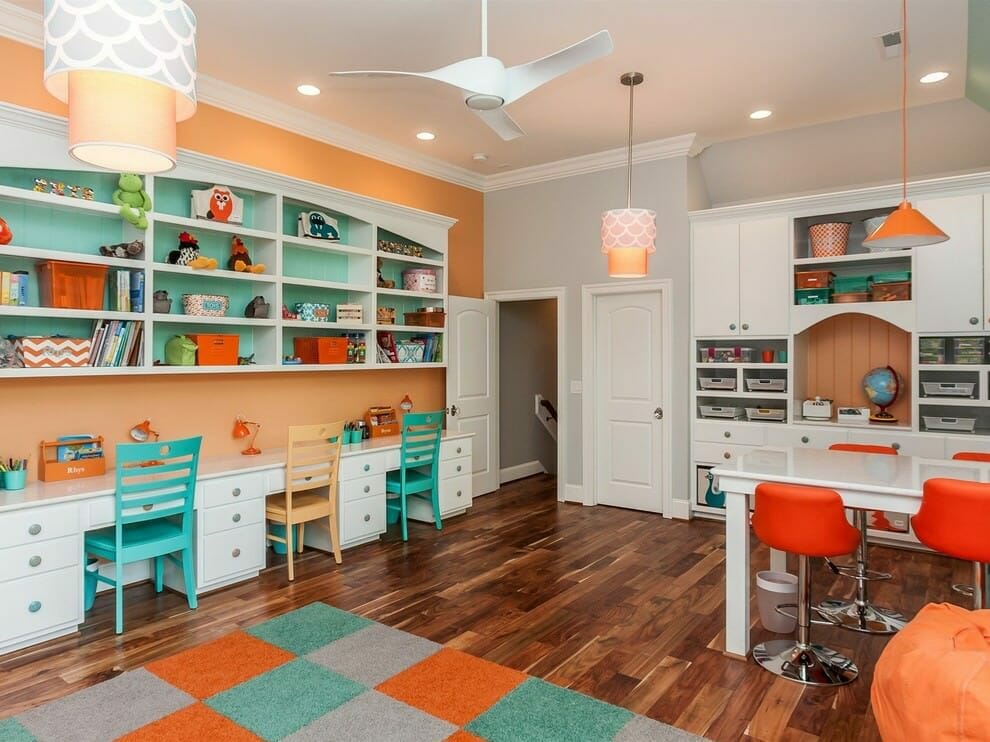Colorful homeschool room ideas with teal and orange accents