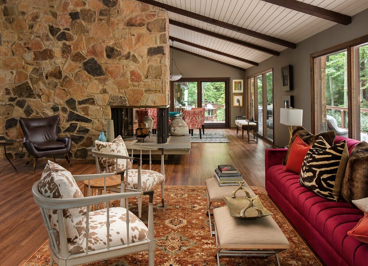 Colorful, richly patterned living room by one of the top interior designers in Philadelphia