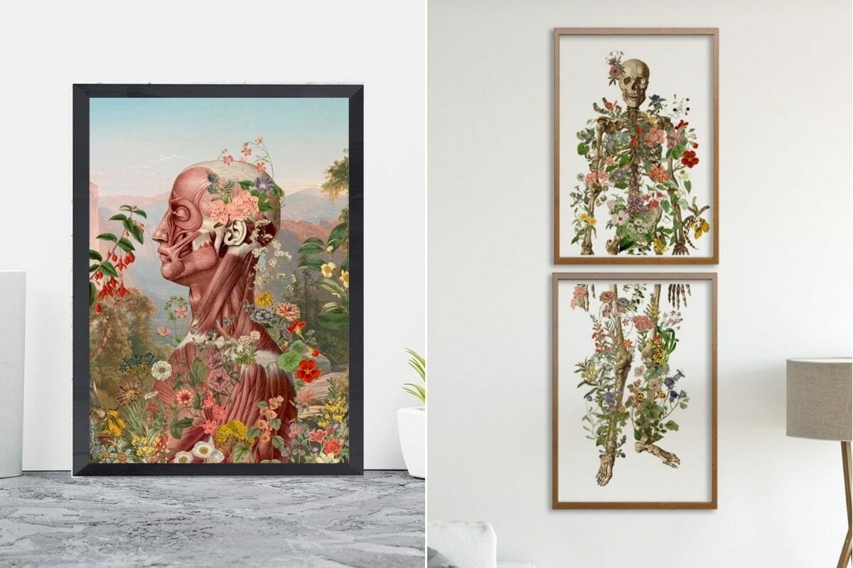 Floral illustrations with skeletons as chic halloween decor