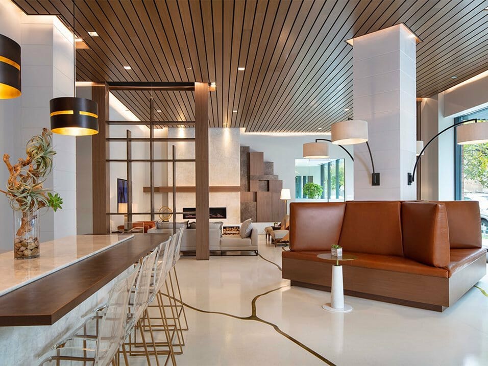 Luxury apartment building lobby by Decorilla commercial interior designer, Wanda P.