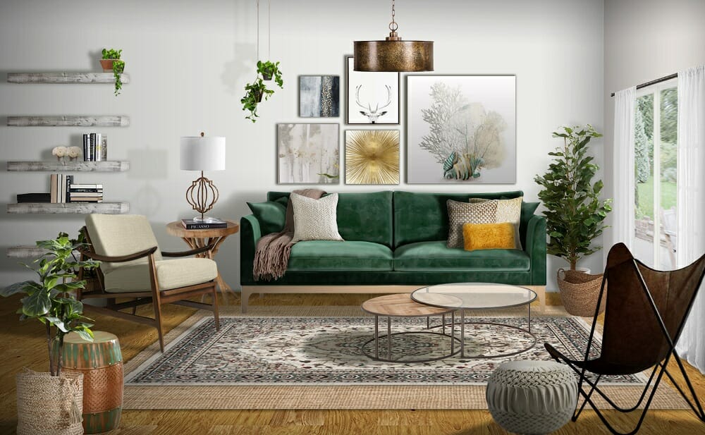 Mid century modern living room in green and brown fall color schemes by Marissa G