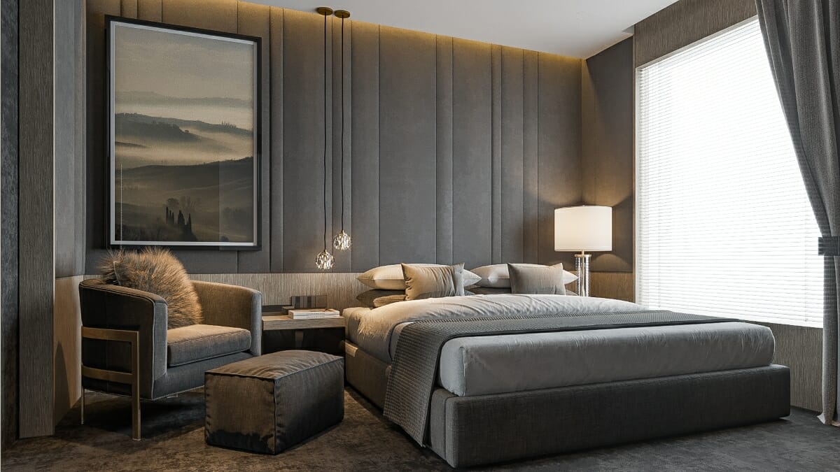 Relaxing masculine master bedroom by Decorilla designer Mladen C