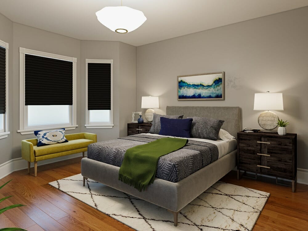 Sophisticated bedroom in grey fall color schemes with pops of yellow and green by Rachel H