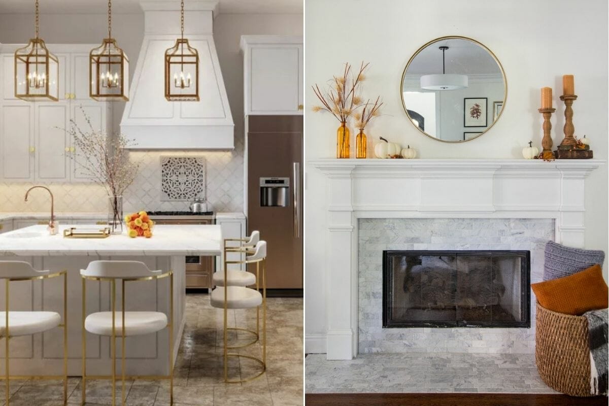 Thanksgiving decorating ideas in gold and white in a kitchen and above a mantelpiece
