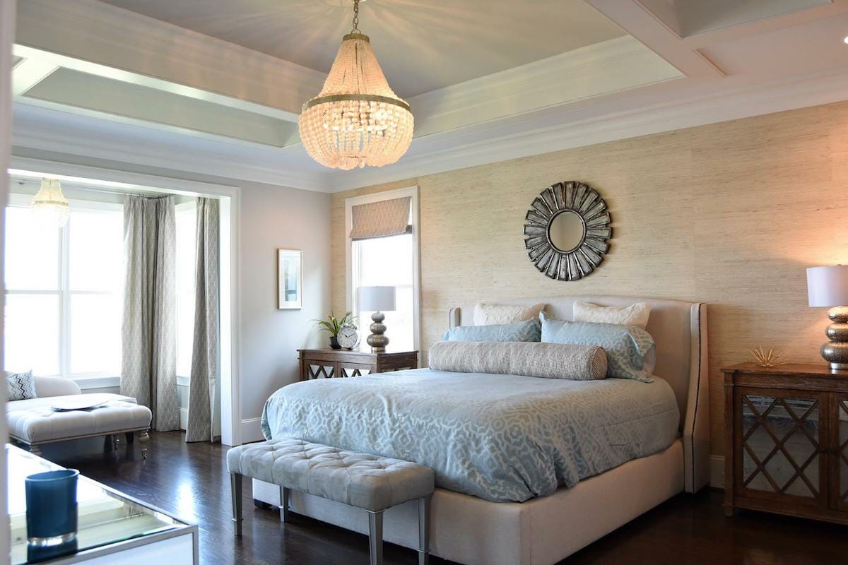 Transitional master bedroom retreat by top charlotte interior designer brook m