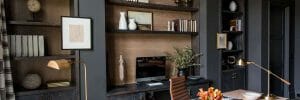 Moody home office background with builtin shelves by WhittneyParkinson