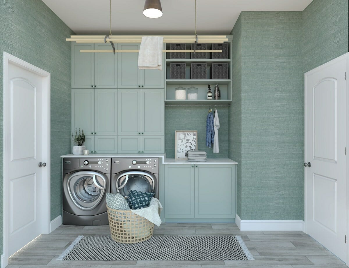 Seafoam green laundry room ideas with ample storage