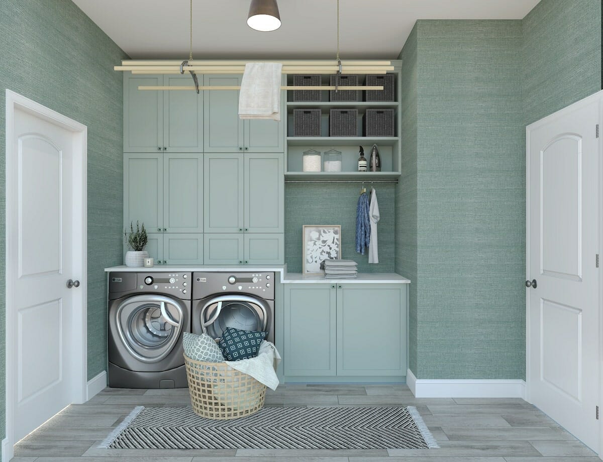 Basement Laundry Room Organizing with Teal Bins