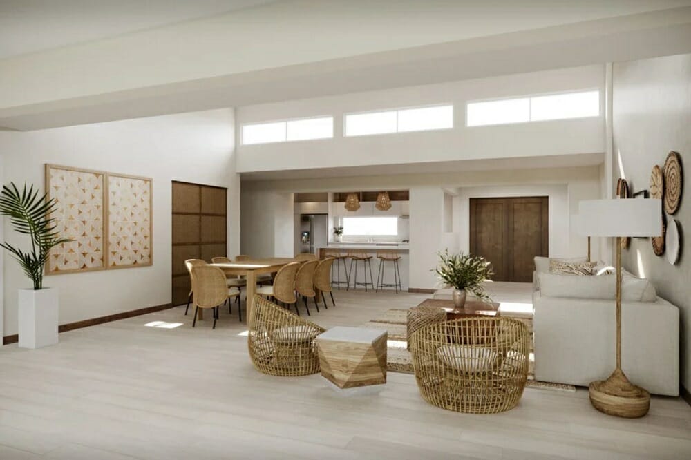 modern beach house interior with a modern coastal living room and dining area