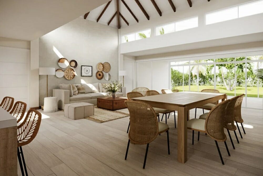 modern coastal decor in an open living and dining room with a natural coastal look