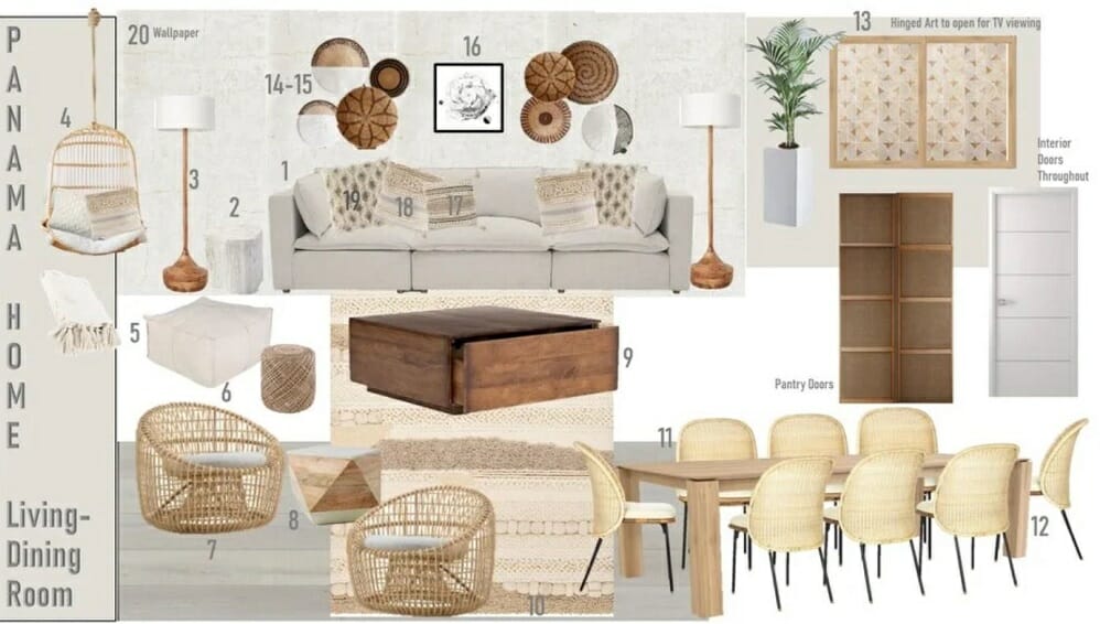 modern coastal living room with a neutral dining and bar area mood board