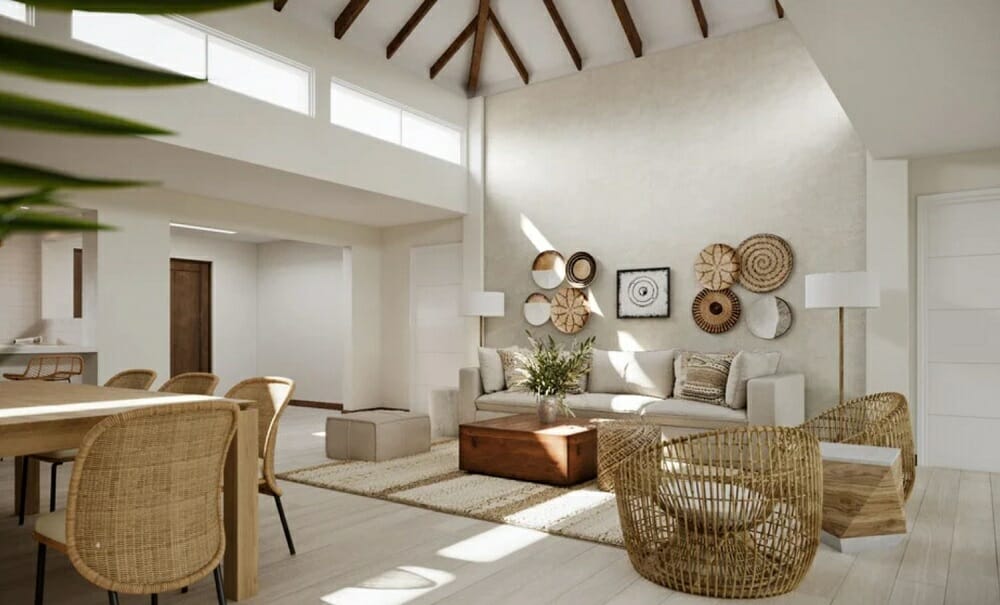 modern coastal living room with natural textures and trendy furniture