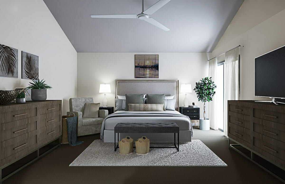 Beach chic decor bedroom design - Decorilla 3D rendering