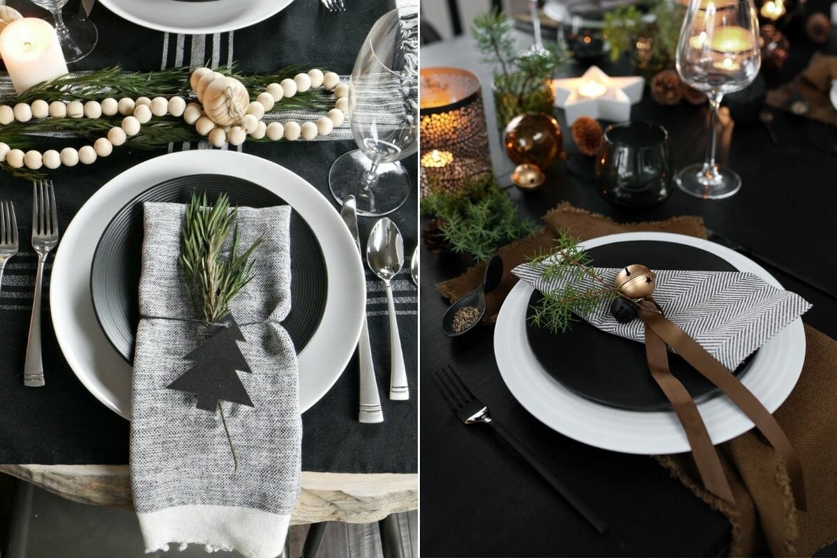 Bold and black Christmas decorations for a tablescape