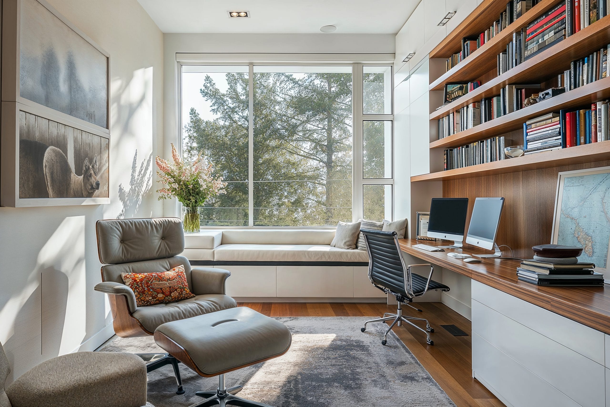 Moody home office background with builtin shelves 