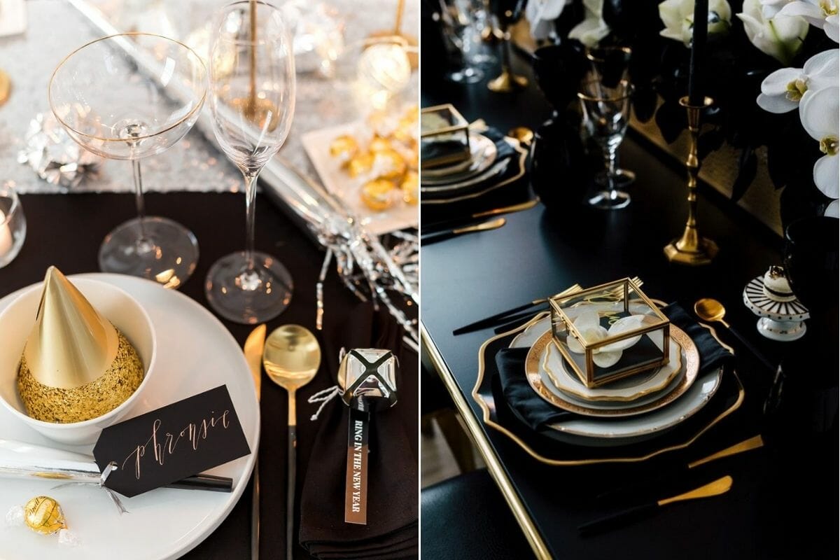 New Year's dinner table ideas for a formal black and gold table