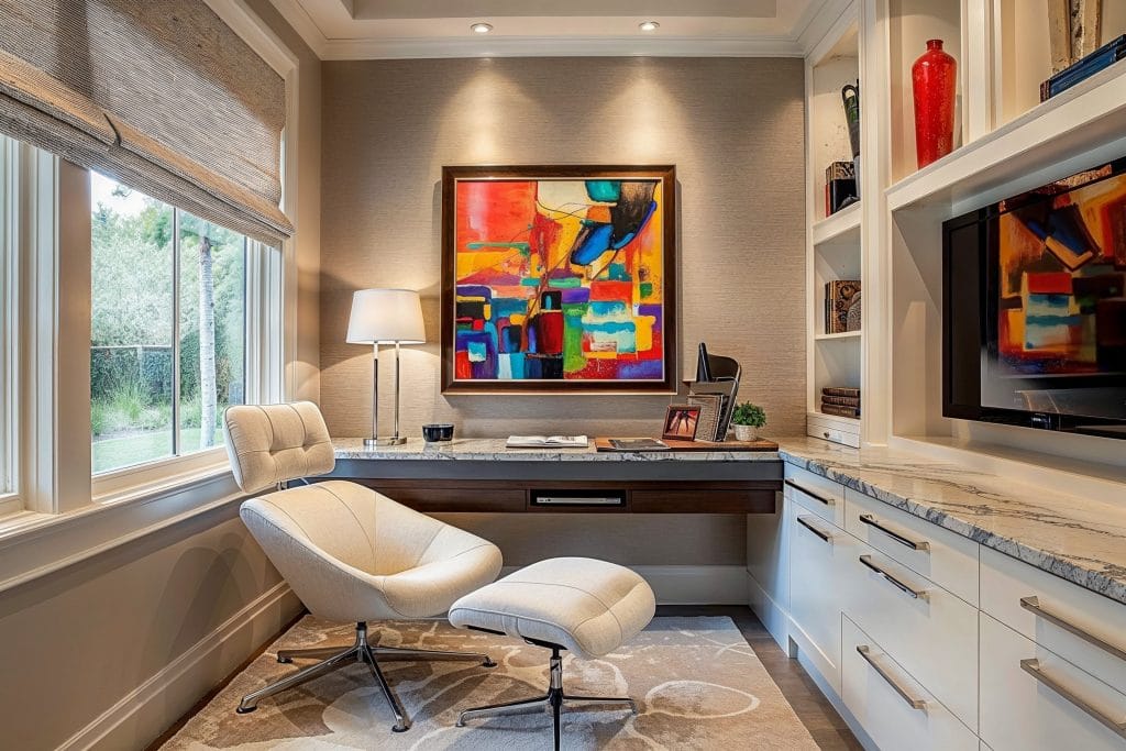 Textured “zoom ready” home office background ideas by Decorilla