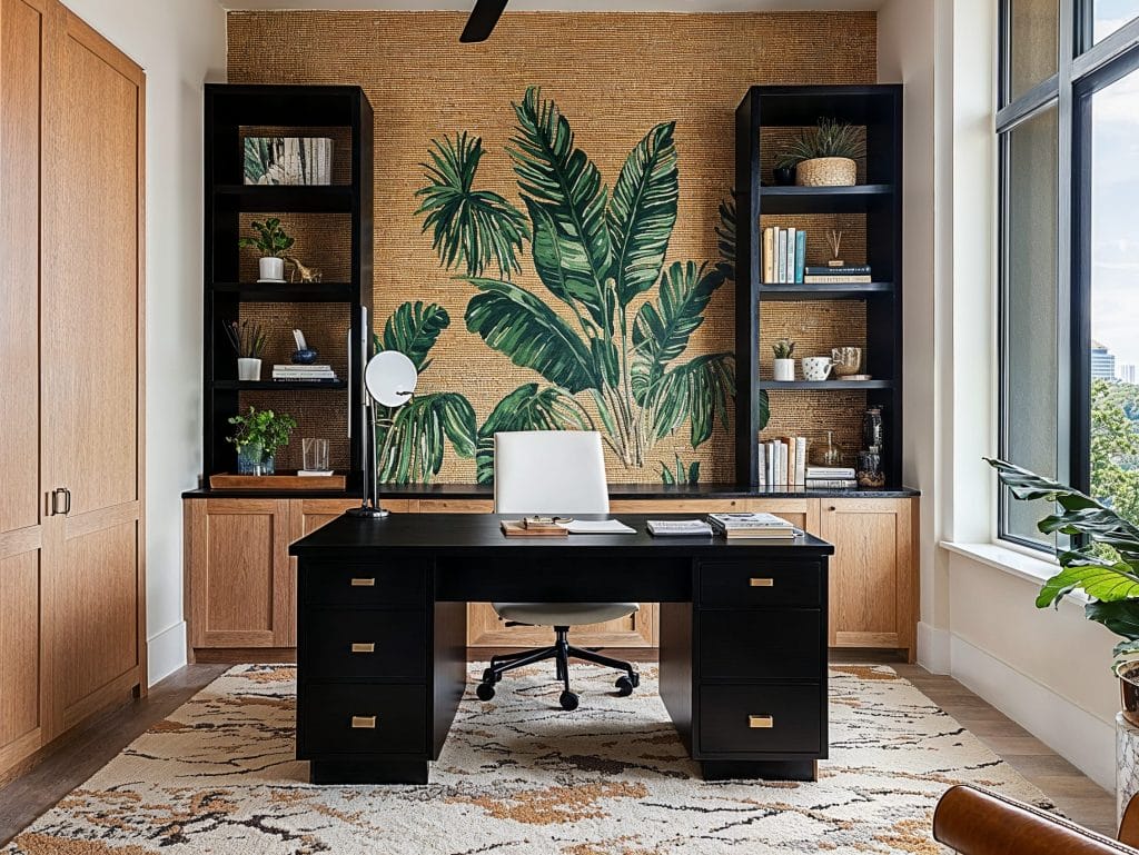 Textured “Zoom ready” home office background by Decorilla