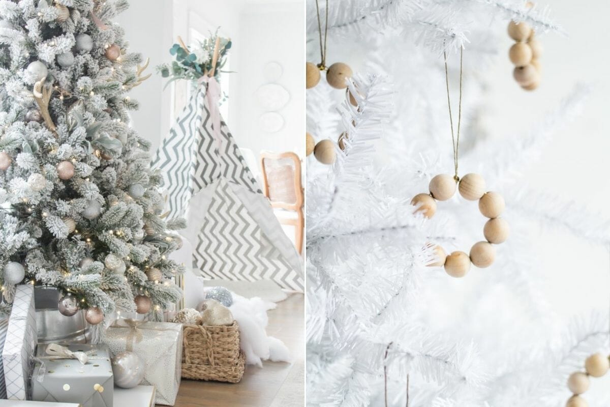 White Christmas tree with beige Christmas decorations