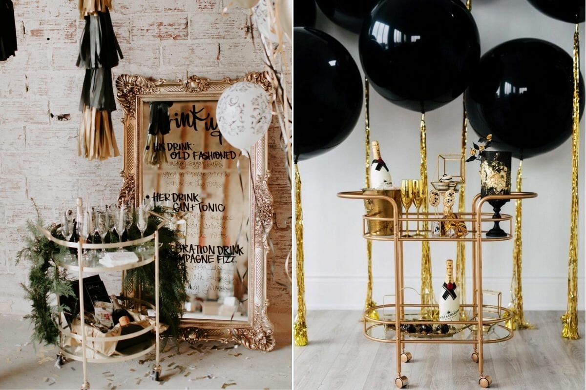 gold and bronze bar carts with NYE decoration