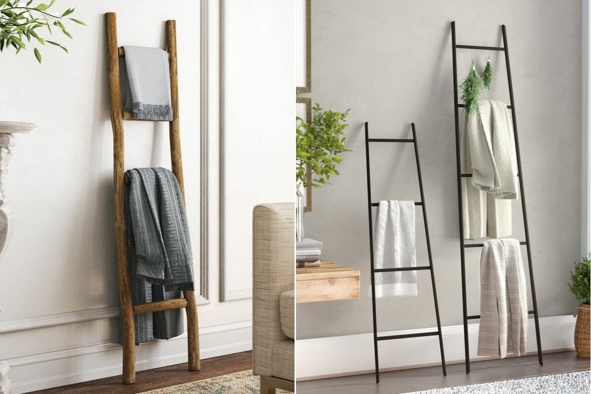 rustic wood and sleek metal blanket ladders interior design gift ideas