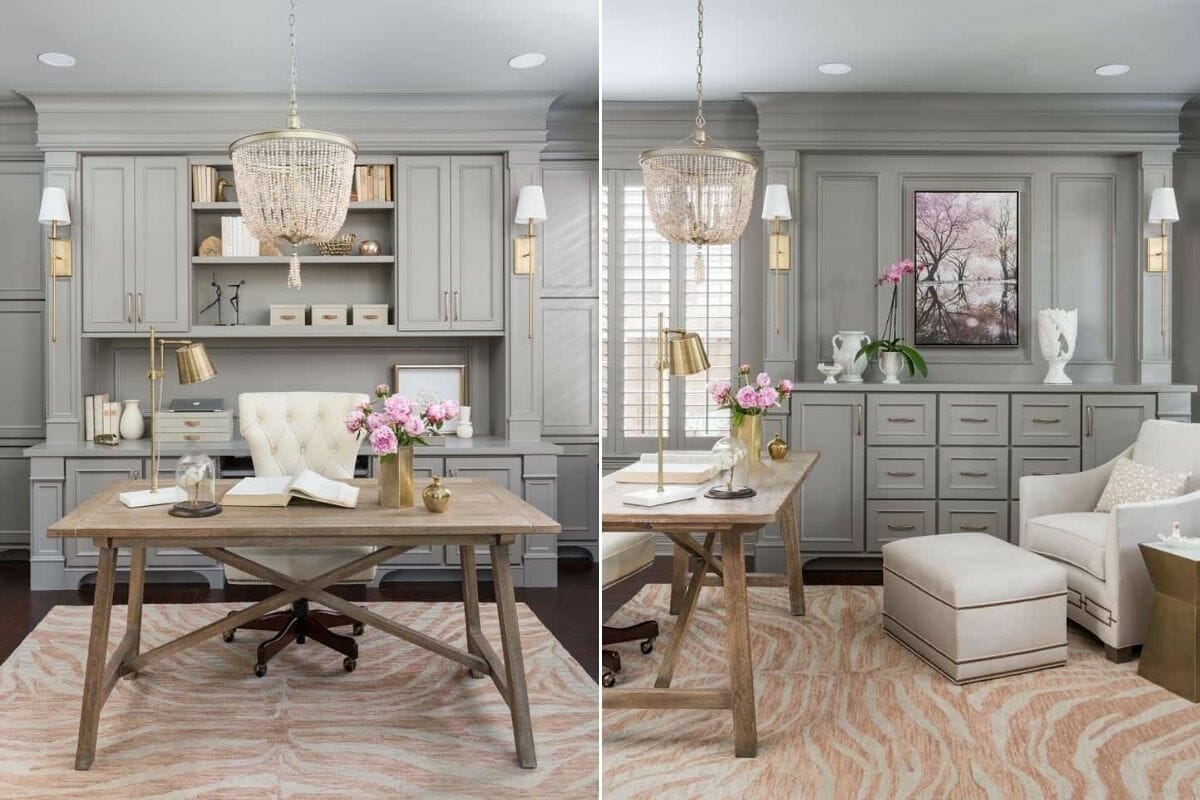 Beautiful and productive home office with a chandelier and transitional home office furniture