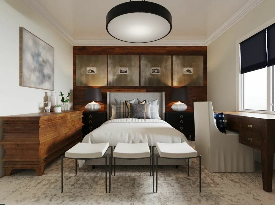 Guest room makeover into a classy transitional bedroom with a classic desk