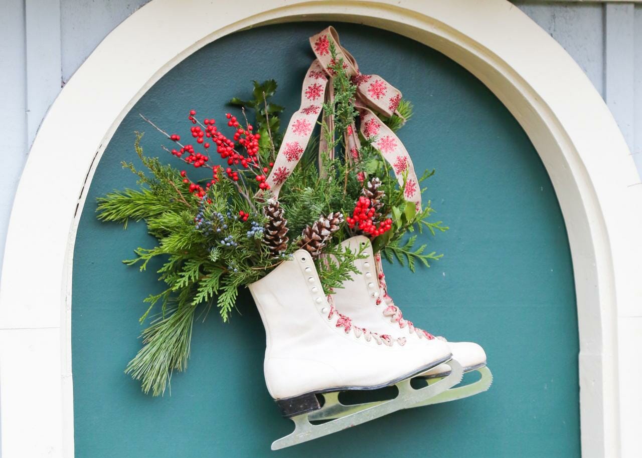 Ice skates as a unique winter wreath idea