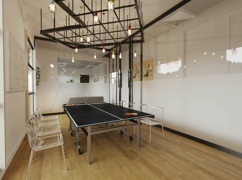 Online office design for a fun conference room with a ping pong table