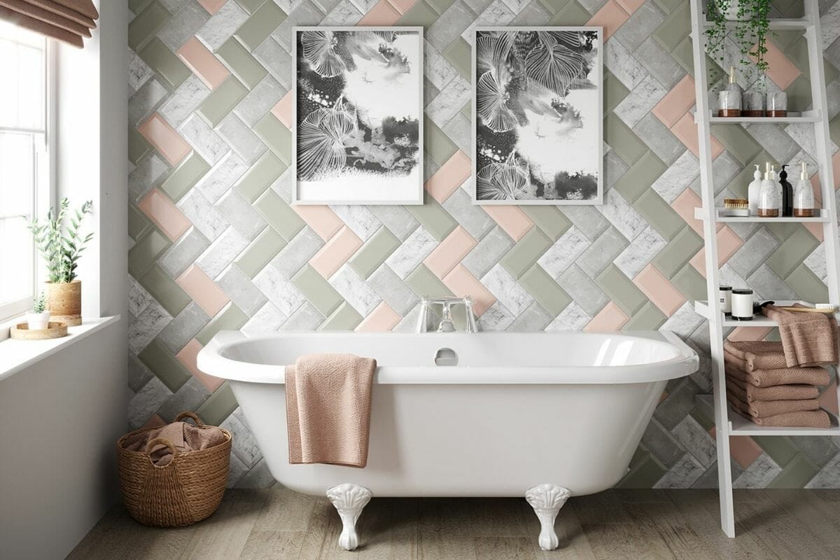 Colorful assortment of metro tiles in a feminine bathroom featuring bathroom tile trends 2021
