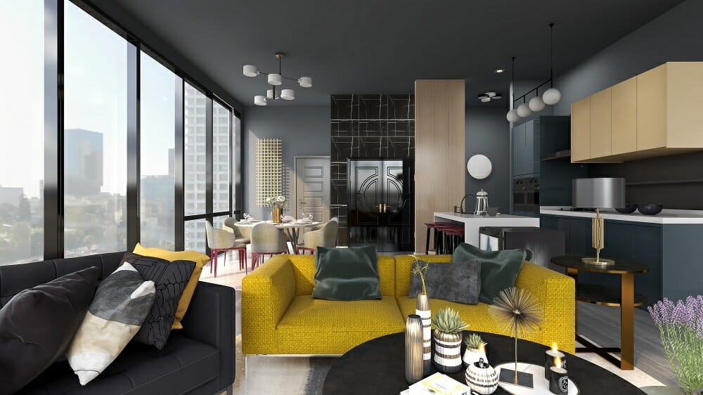 Contemporary open living, dining and kitchen in black and yellow by interior decorator Kassondra Leigh