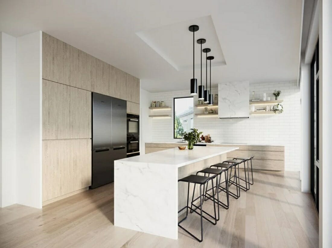 Light Ash wood, marble and white kitchen design with contemporary furniture and decor